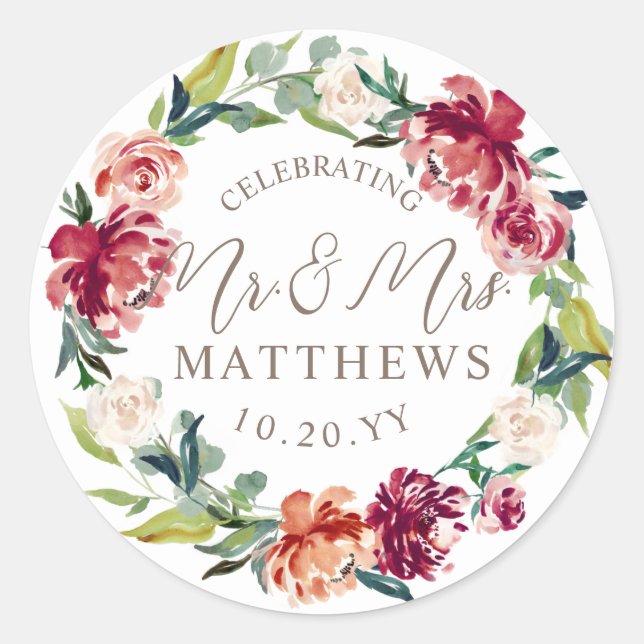Maroon Burgundy Green Floral Wedding Shower Runder Aufkleber (Vorderseite)