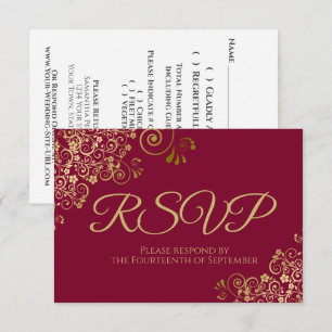 Maroon Burgundy mit elegantem Gold Lace Wedding RSVP Karte