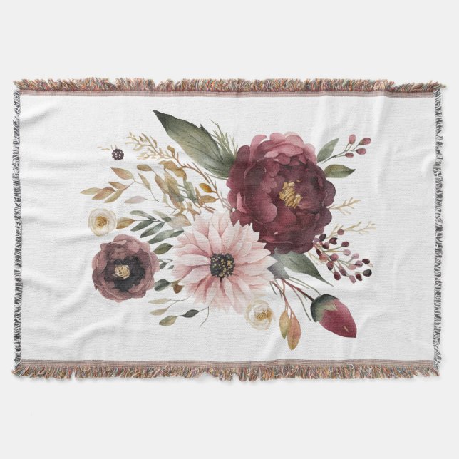 Maroon Burgundy Pink Aquarell Floral Botanisch Decke (Vorderseite)