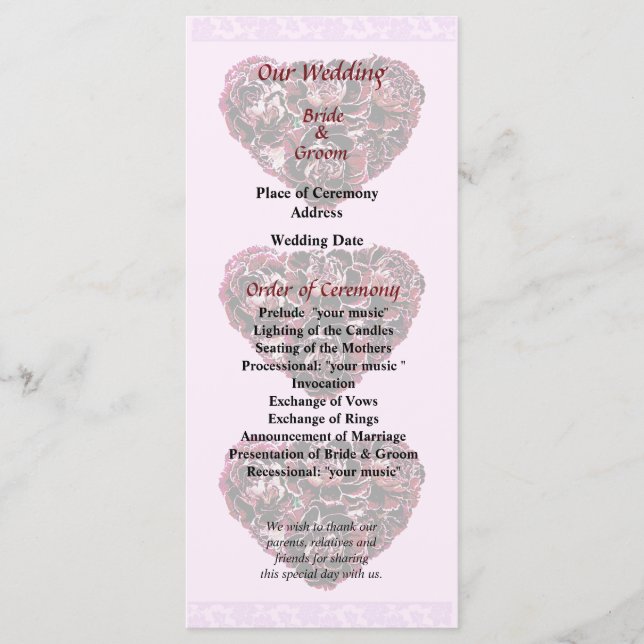 Maroon Carnation Heart Pink Bkgrnd Hochzeitsprogra Programm (Vorderseite)