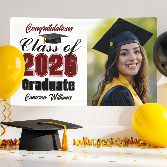 Maroon Class of 2026 Graduation Party Photo Banner (Von Creator hochgeladen)