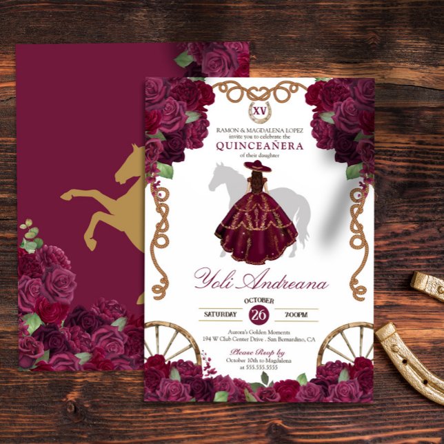 Maroon Dark Red Western Charro Quinceanera Einladung (Von Creator hochgeladen)