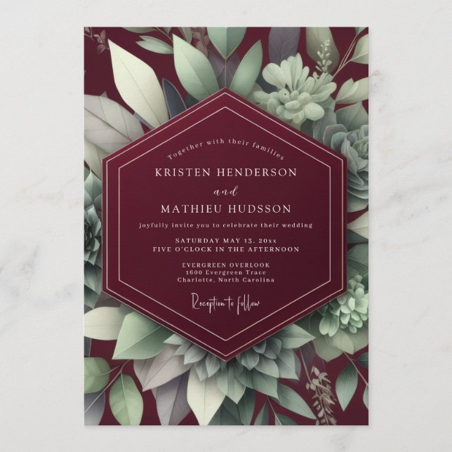 Maroon Elegant Succulent Wedding Einladung (Vorderseite)