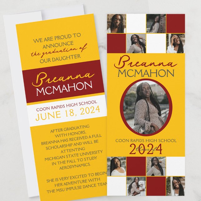 Maroon et Gold 9 Faire-part de graduation photo (Elegant 9 Photo Graduation Double Sided Announcements in Gold Yellow Maroon and White)