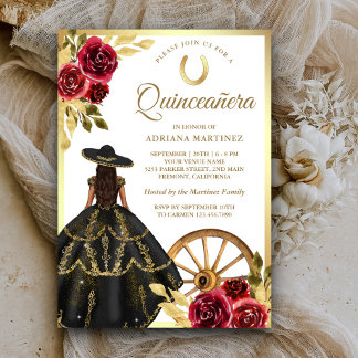 Maroon Floral Black Dress Charro Gold Quinceanera Einladung