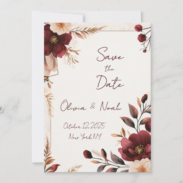 Maroon Floral Save the Date Einladung (Vorderseite)