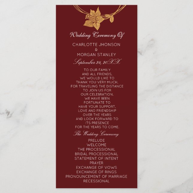 Maroon für die Hochzeit von Burgundy Gold Floral Programm (Vorderseite)