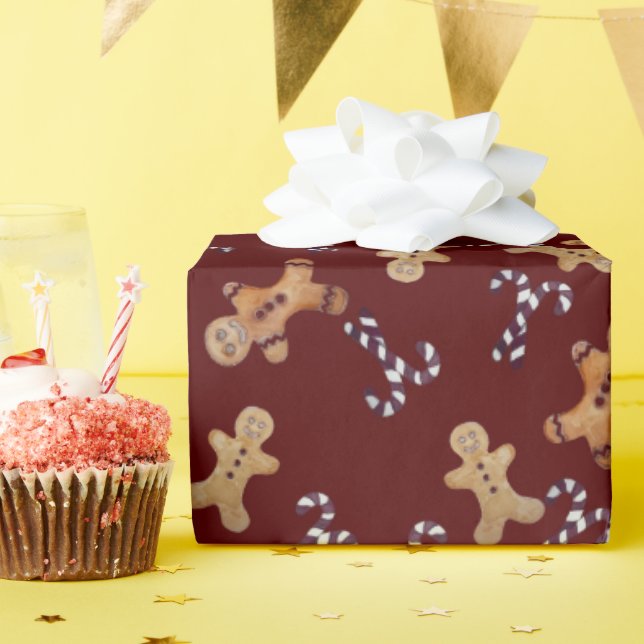 Maroon Gingerbread men & Candy Cane Christmas Wrap Geschenkpapier (Geburtstagsparty)