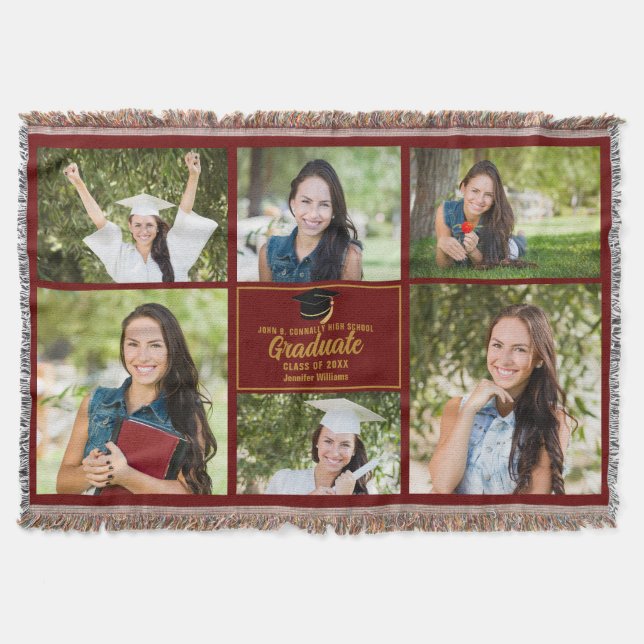 Maroon Gold Abschluss Foto Collage Chic Custom Decke (Vorderseite)