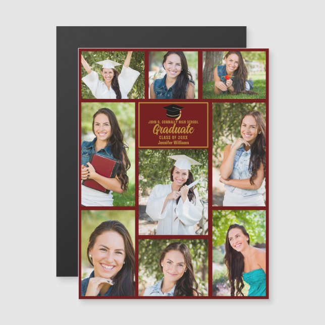 Maroon Gold Abschluss Foto Collage Magnet Card (Vorne/Hinten)
