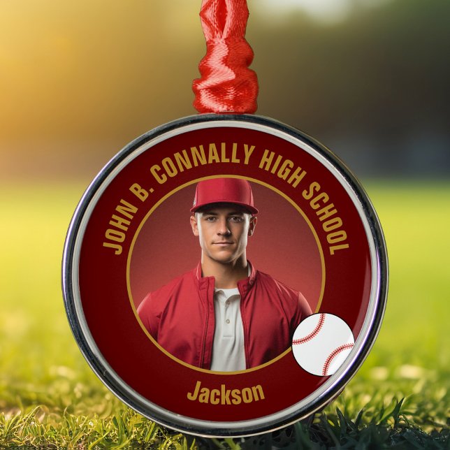 Maroon Gold Baseball Player Photo Christmas Ornament Aus Metall (Von Creator hochgeladen)