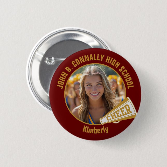 Maroon Gold Cheerleader Photo High School Spirit Button (Vorne & Hinten)