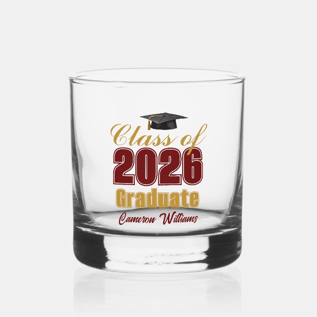 Maroon Gold Class of 2026 Graduation Party Whiskyglas (Vorderseite)