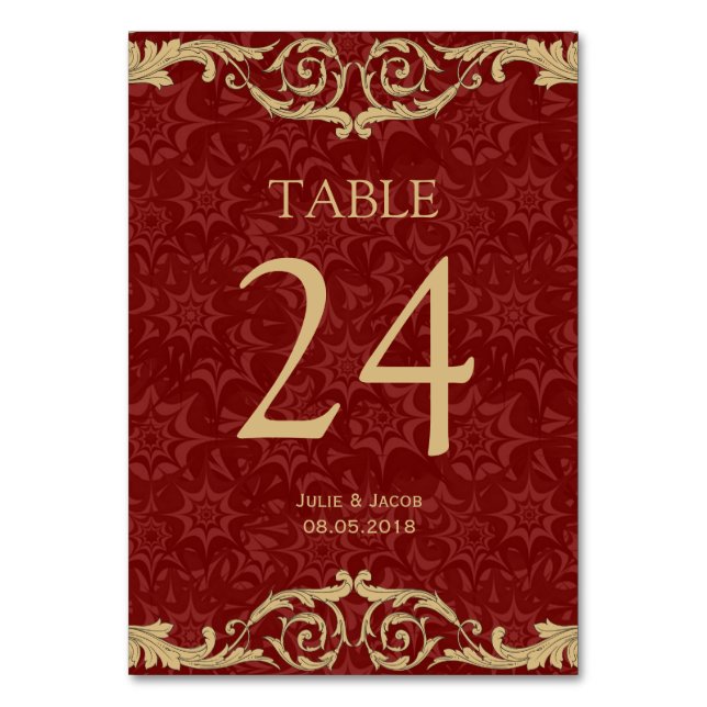 Maroon Gold Damask Hochzeitskarten Tischnummer (Vorderseite)