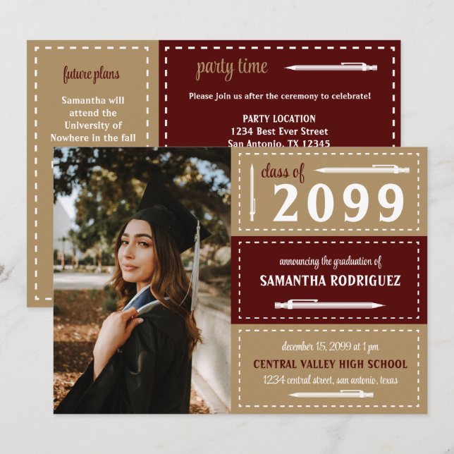 Maroon & Gold Dotted Boxes and Pencils Abschluss Einladung (Vorne/Hinten)