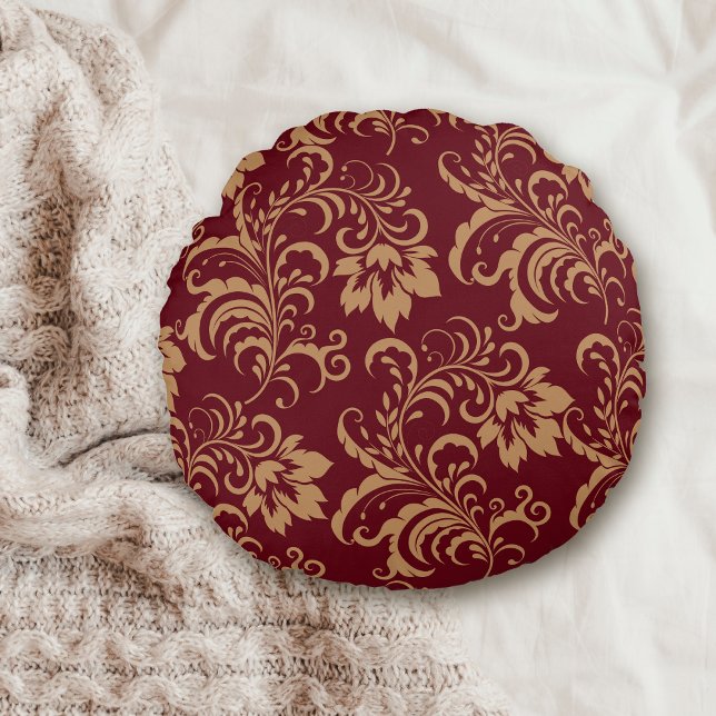 Maroon Gold Floral Swirl Rundes Kissen (Von Creator hochgeladen)