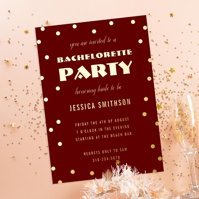 Maroon Gold Foil Confetti Junggeselinnen-Abschied Folieneinladung (Von Creator hochgeladen)