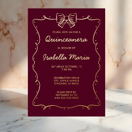 Maroon Gold Foil Quinceañera Einladung Hand Drawn
