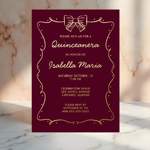 Maroon Gold Foil Quinceañera Einladung Hand Drawn