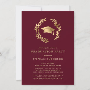 Maroon Gold Grad Cap Wreath Chic Graduation Party Einladung