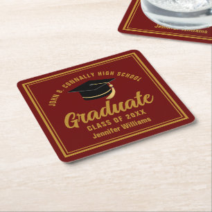 Maroon Gold Graduate Custom 2025 Graduation Party Rechteckiger Pappuntersetzer