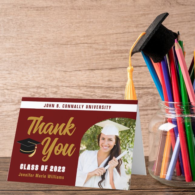 Maroon Gold Graduate Foto Chic Abschluss geklappt Dankeskarte (Von Creator hochgeladen)