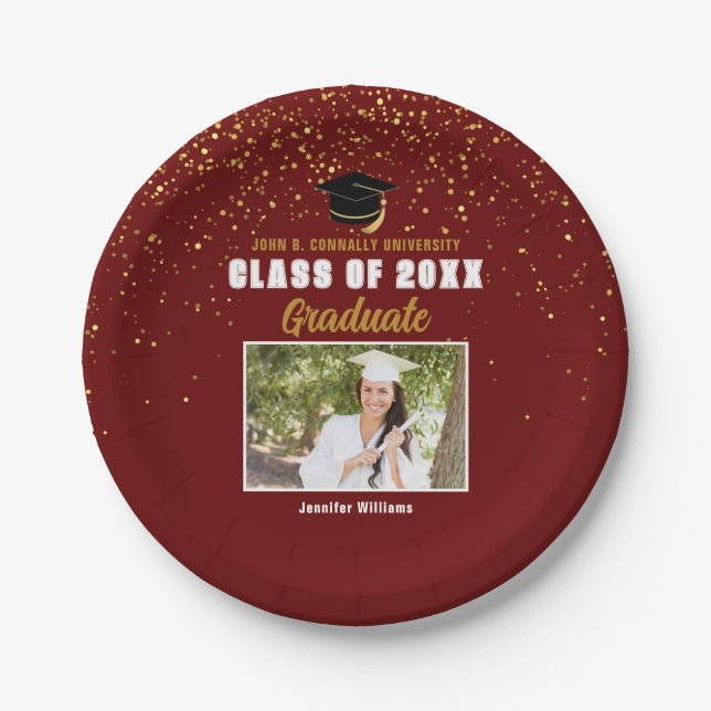 Maroon Gold Graduate Foto Chic Graduation Party Pappteller (Vorderseite)
