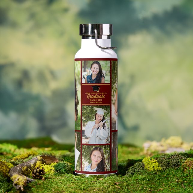 Maroon Gold Graduate Foto Collage Abschluss Gesche Trinkflasche (Außenbereich)