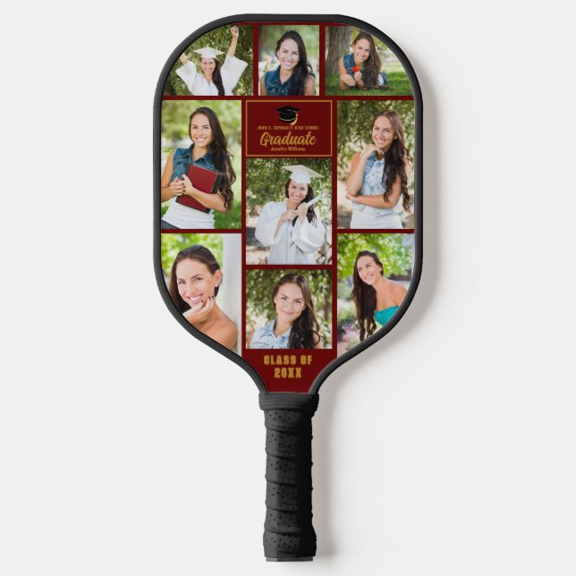 Maroon Gold Graduate Foto Collage Abschluss Pickleball Schläger (Vorderseite)