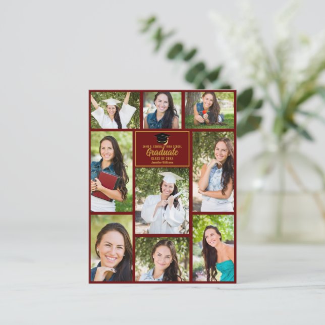 Maroon Gold Graduate Foto Collage Abschluss Postkarte (Stehend Vorderseite)