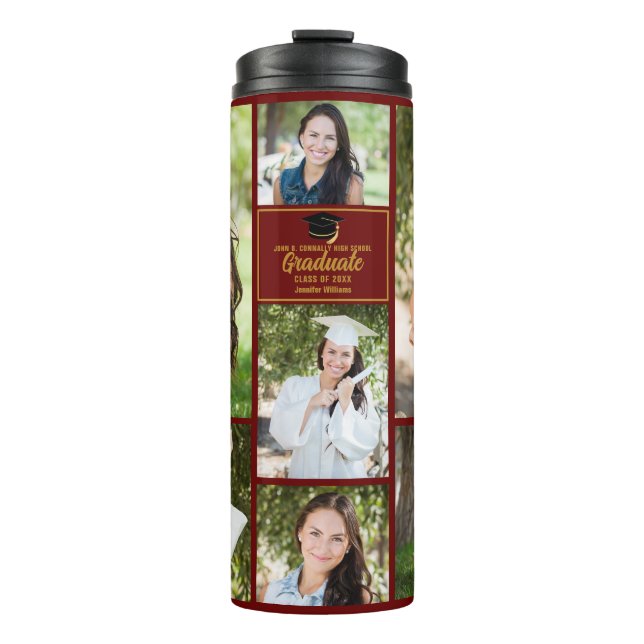 Maroon Gold Graduate Foto Collage Abschluss Thermosbecher (Vorderseite)