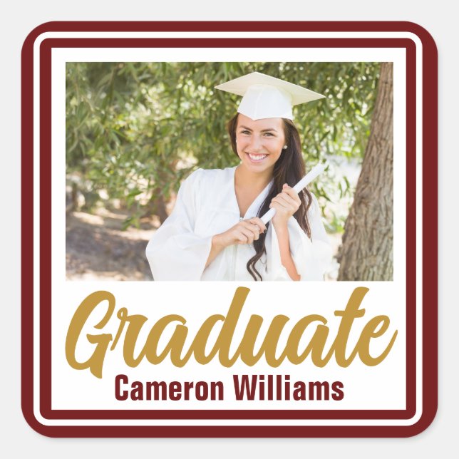 Maroon Gold Graduate Foto Custom Abschluss Quadratischer Aufkleber (Vorderseite)