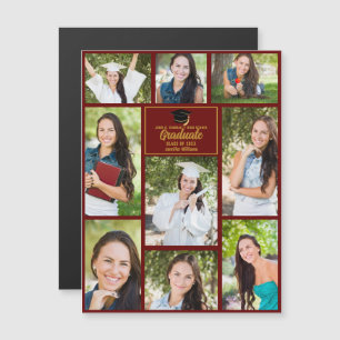 Maroon Gold Graduation Photo Collage Magnet Card