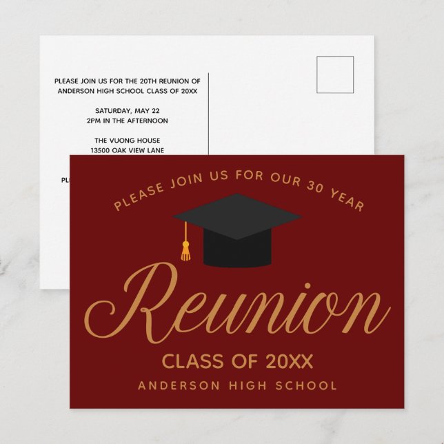 Maroon Gold High School Wiedersehen Custom Party Postkarte (Vorne/Hinten)