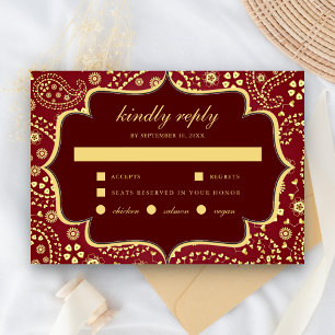 Maroon Gold Paisley Bollywood Style Indian Wedding RSVP Karte