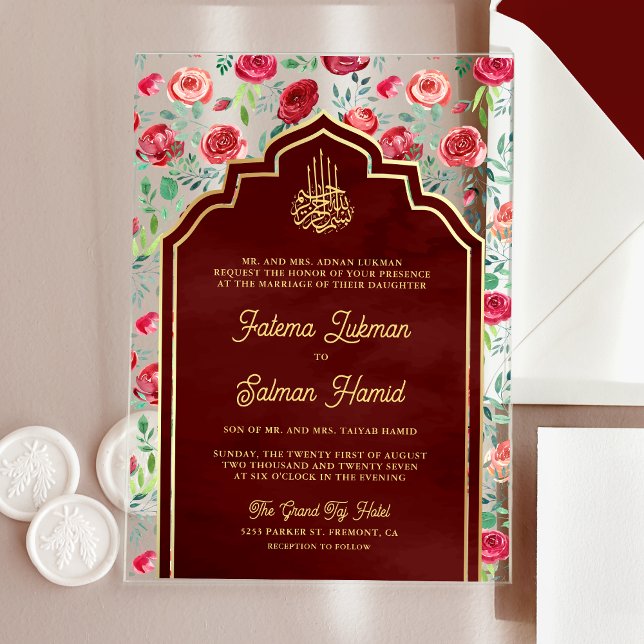 Maroon Gold Rote Rosen Blumenmuskelhochzeit Acryleinladungen (Von Creator hochgeladen)