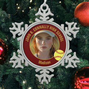 Maroon Gold Softball-Spielerin Foto High School Schneeflocken Zinn-Ornament