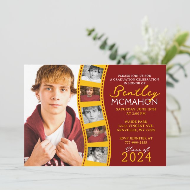 Maroon & Gold Yellow Filmstrip 6 Foto Abschluss Einladung (Stehend Vorderseite)