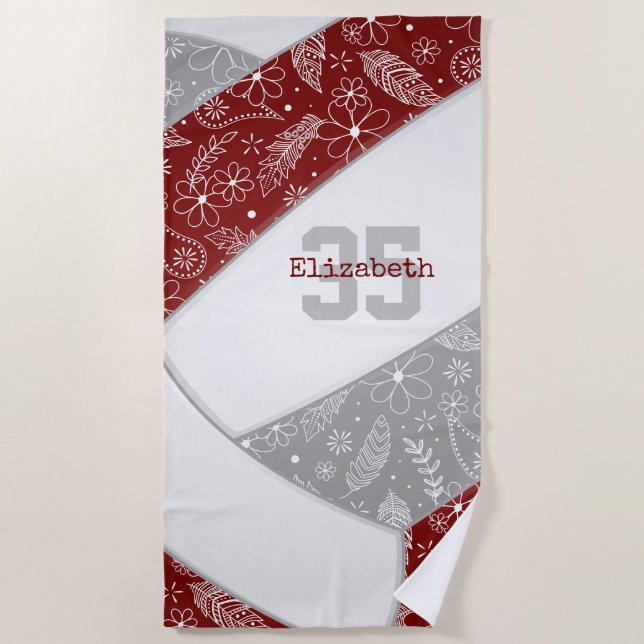 Maroon graue Boho blumenpaisley Muster Volleyball Strandtuch (Vorderseite)