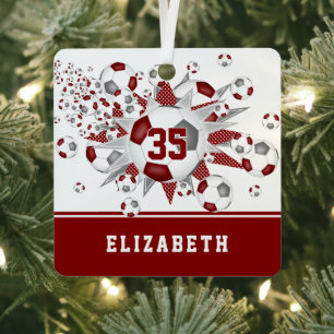 Maroon graue Fußballbälle Stars personalisiert Ornament Aus Metall