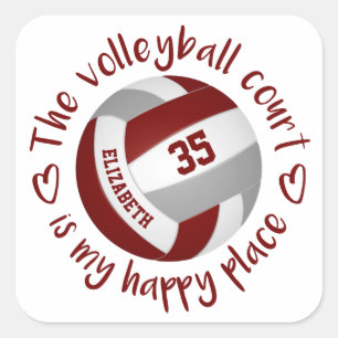 Maroon graue Volleyball Happy Place Typografie Quadratischer Aufkleber