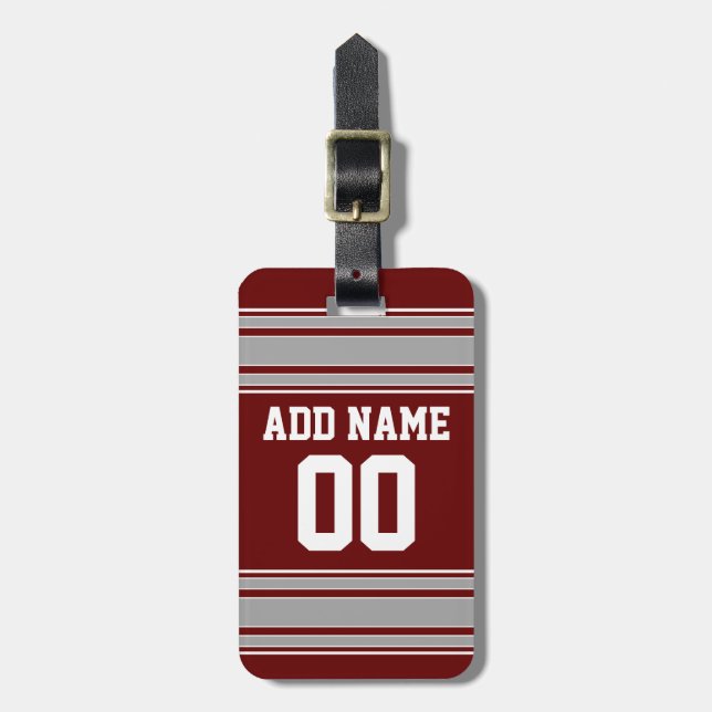 Maroon Gray Football Jersey Individuelle Name Numb Gepäckanhänger (Vorderseite vertikal)
