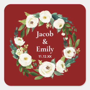 Maroon Greenery Personalisierte Namen Datum Hochze Quadratischer Aufkleber