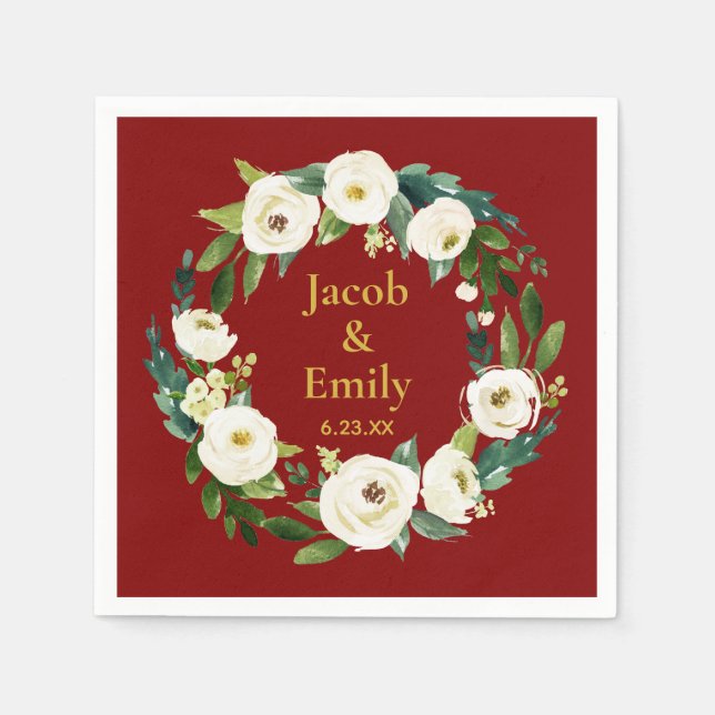 Maroon Greenery Personalisierte Namen Datum Hochze Serviette (Vorderseite)