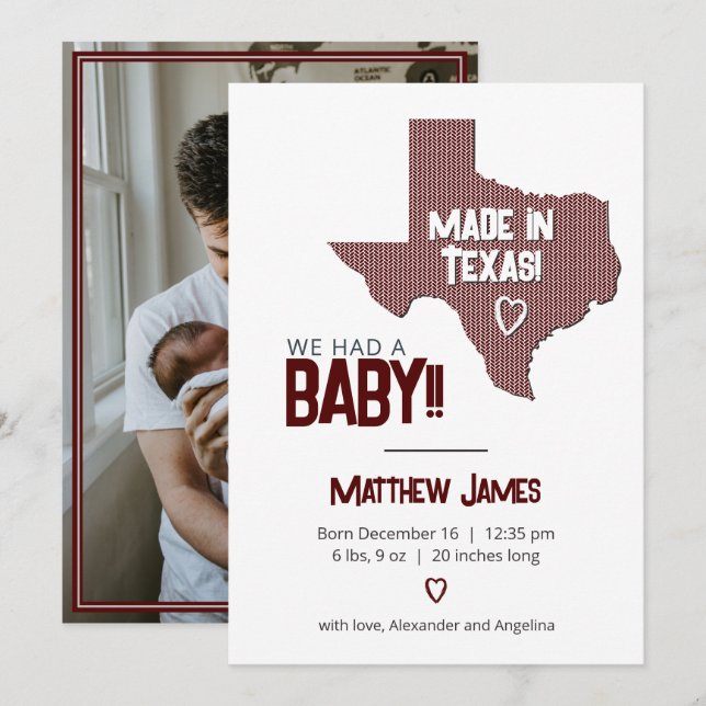 Maroon Herringbone Made in Texas Foto Baby Announ Ankündigung (Vorne/Hinten)