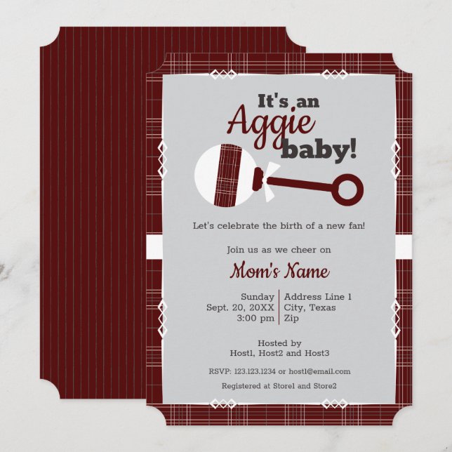 Maroon Kariert Rattle Aggie Baby Shower Einladung (Vorne/Hinten)
