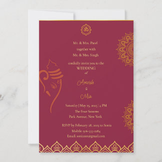 Maroon mariage indien et invitation à l'or
