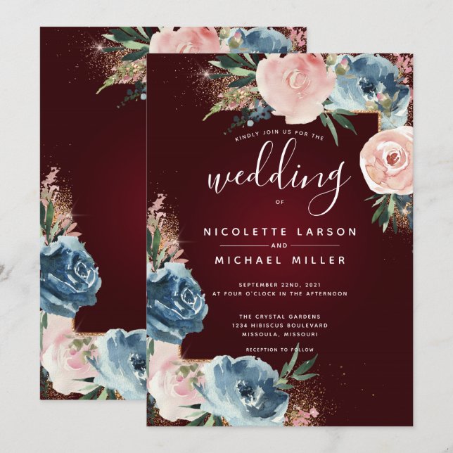 Maroon, Navy Blue und Blush Floral Gold Glitzer Einladung (Vorne/Hinten)