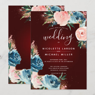 Maroon, Navy Blue und Blush Floral Gold Glitzer Einladung