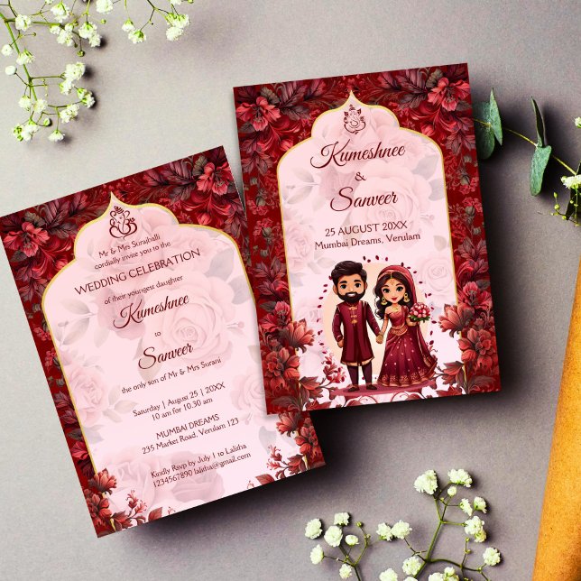 Maroon niedliche indische Hochzeitsbridal Pärchen  Einladung (Indian wedding Maroon floral cute Indian bridal couple cartoon Invitation template instant download)